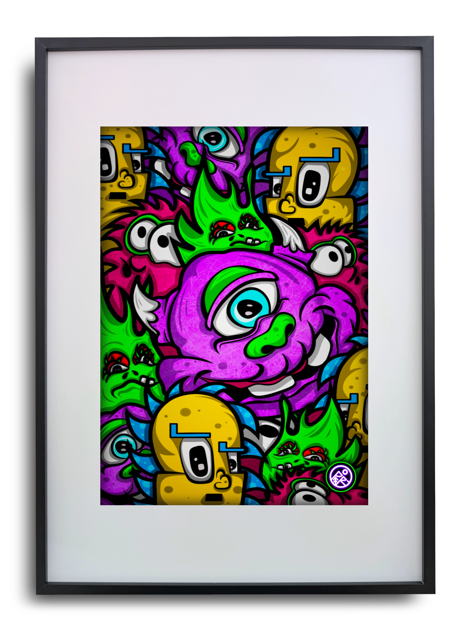 A surreal, vibrant cartoon doodle illustration filled with colorful monsters and character faces, featuring a large purple one-eyed monster surrounded by green and yellow creatures, created by Australian multidisciplinary artist Paul Robertson based in Mount Barker, South Australia.