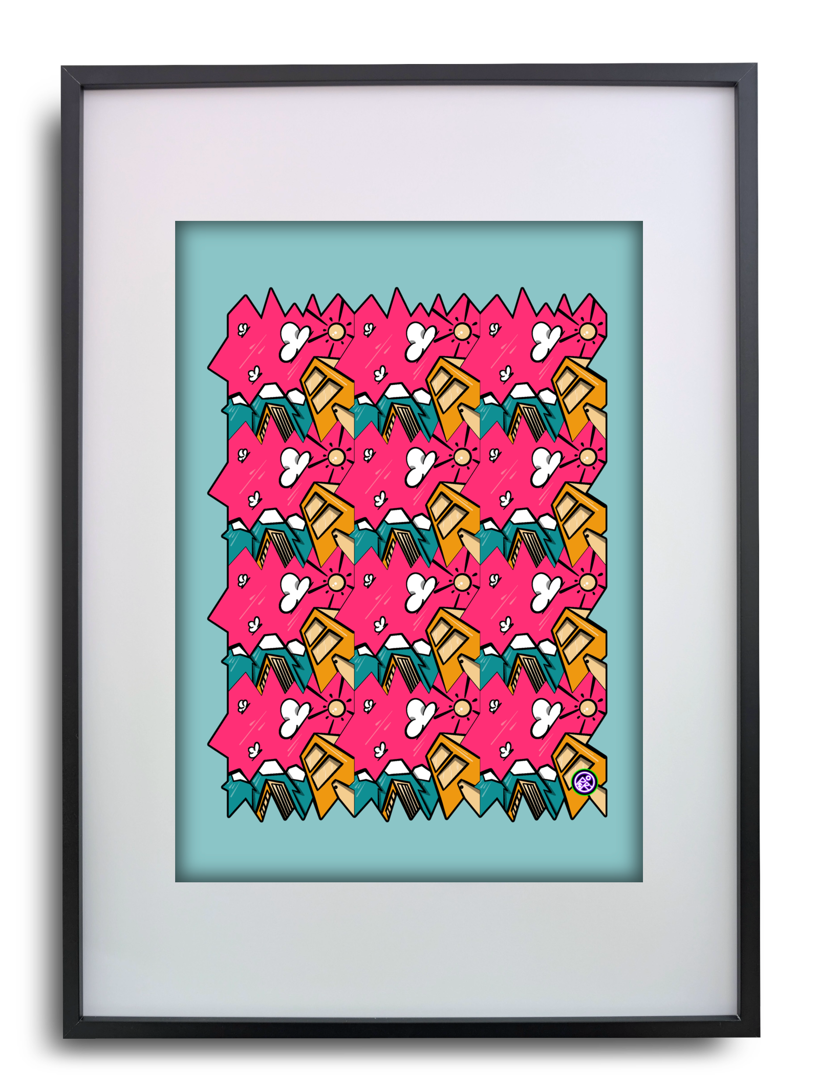 A surreal geometric tessellation art print featuring a repeating pattern of stylized houses, mountains, clouds, and suns against a bright pink background, created by Australian multidisciplinary artist Paul Robertson based in Mount Barker, South Australia.