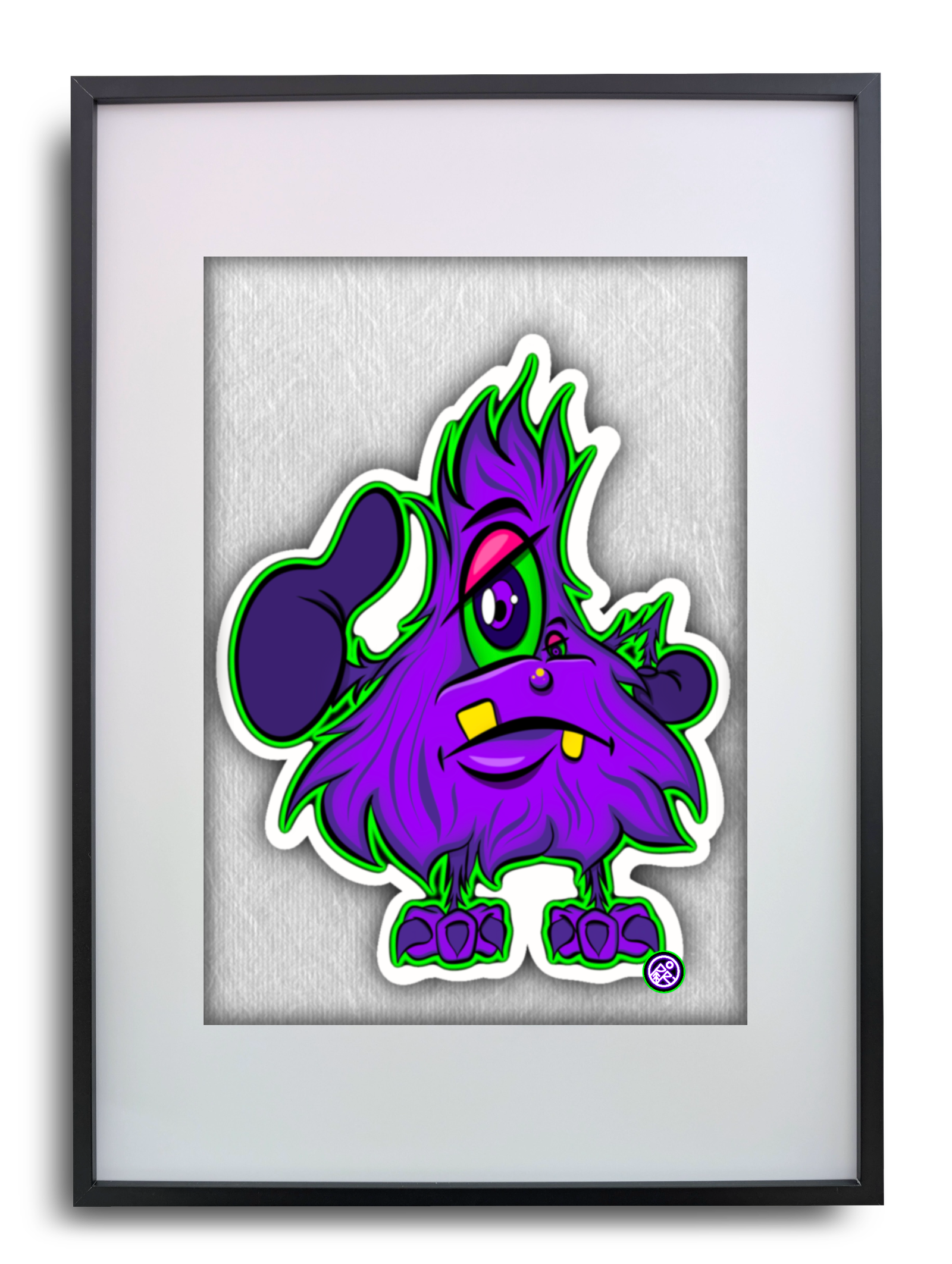 A framed, vibrant cartoon character art print featuring a furry purple one-eyed monster with a green outline on a textured grey background, by Australian multidisciplinary artist Paul Robertson in Mount Barker, South Australia.