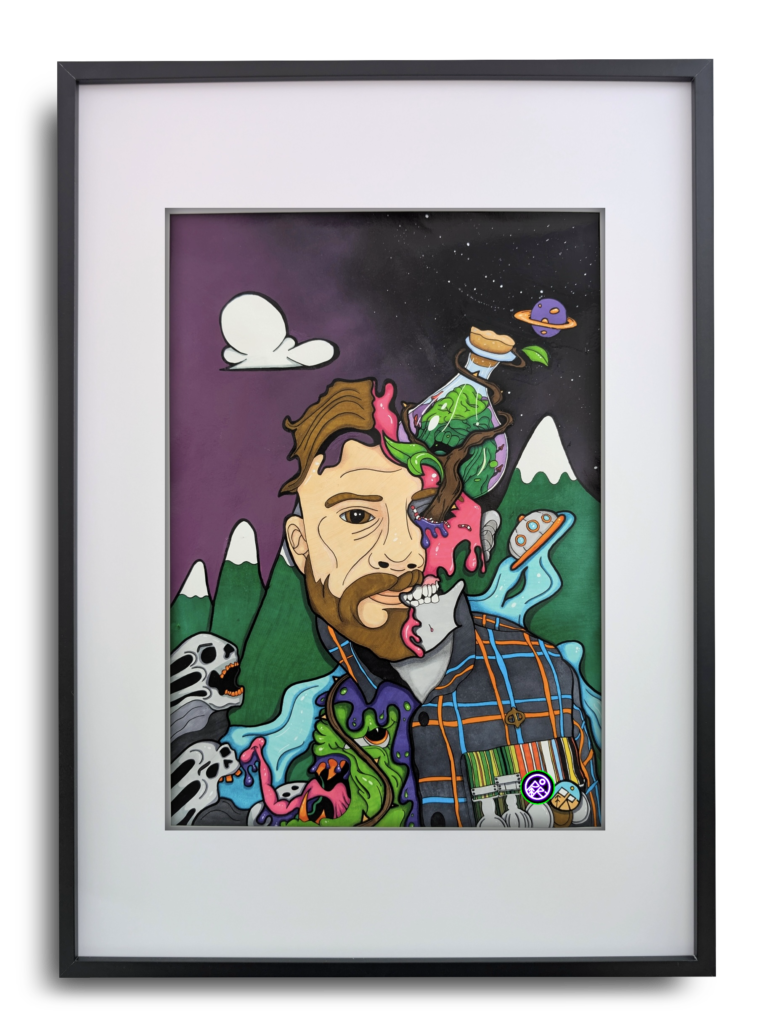 A framed surreal portrait art print titled "Medals to Madness" featuring a bearded man in a plaid jacket with military medals, his head split open to reveal a vibrant glass bottle landscape, space elements, and monsters, by Australian multidisciplinary artist Paul Robertson in Mount Barker, South Australia.