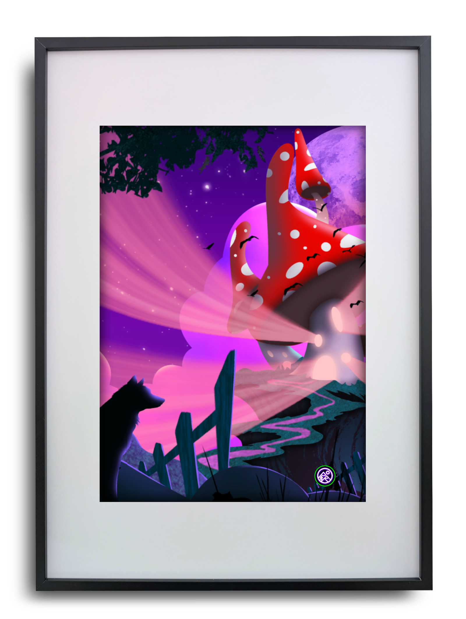 A framed, surreal fantasy art print featuring giant red and white mushrooms under a glowing purple and pink night sky with a wolf silhouette, by Australian multidisciplinary artist Paul Robertson in Mount Barker, South Australia.
